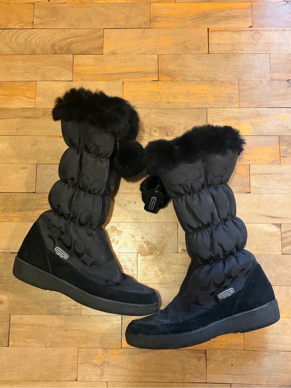 COACH Women's Theona Black Puffer & Rabbit Fur Pom Pom Boots - Size 8